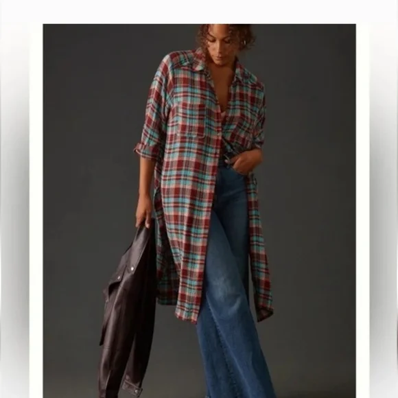 Pilcro Long Plaid Button-Up Shirt Dress in Teal and Burgundy - Picture 2 of 11